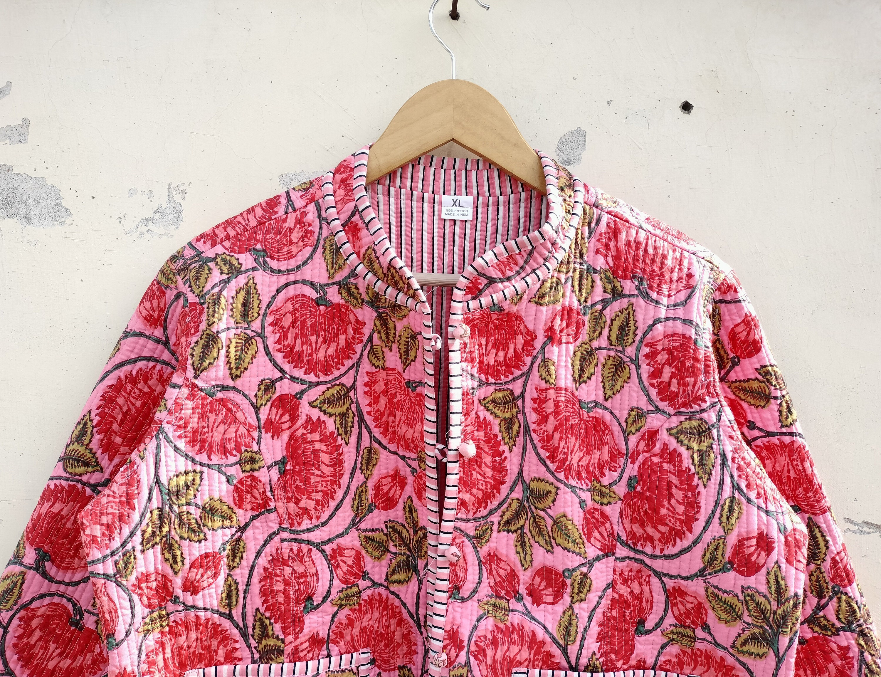 Reversible Block Print Cotton Quilted Jacket: Indigo Short