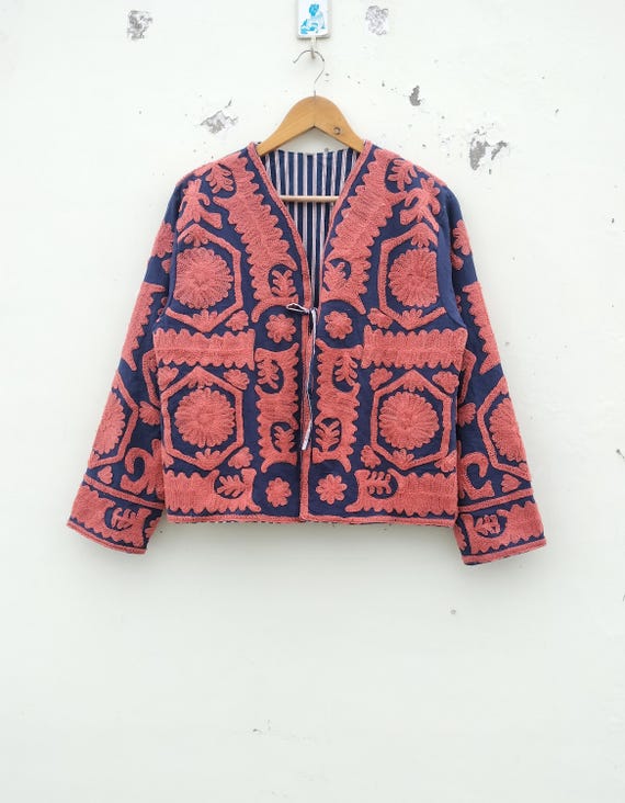Handmade Suzani Embroidery Jacket: Boho Floral Cotton TNT Coat