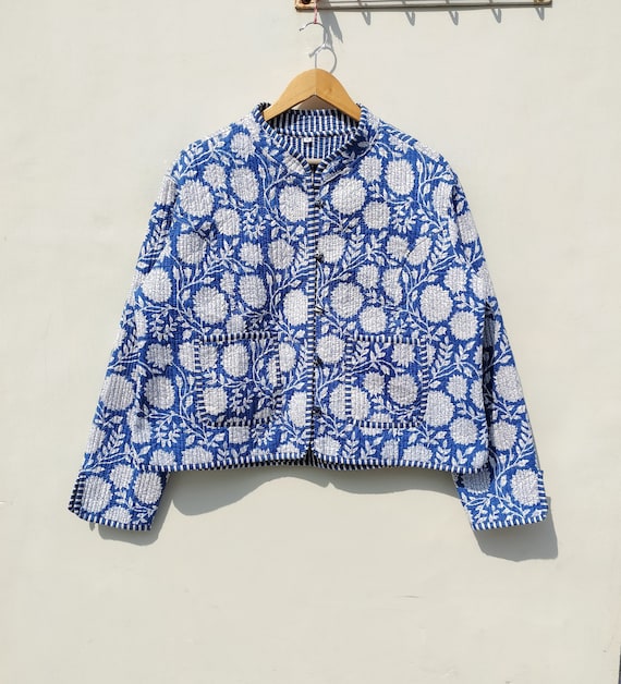 Hand Block Print Cotton Quilted Jacket: Reversible Kantha Sari