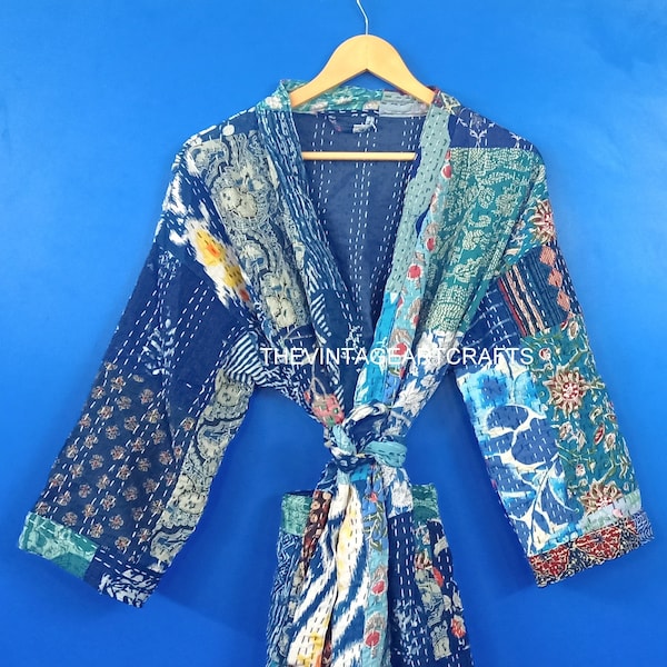 Patchwork multicolor cotton  kantha quilted kimono with pocket and belt closer House Coat Robe Night dress Dressing Gown Free Size Tunic