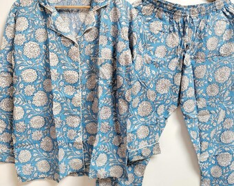 Zeyo Women's Cotton Night Suit Set | Floral Printed Short Sleeve Top & Pyjama | Blue, X-Large - View #2