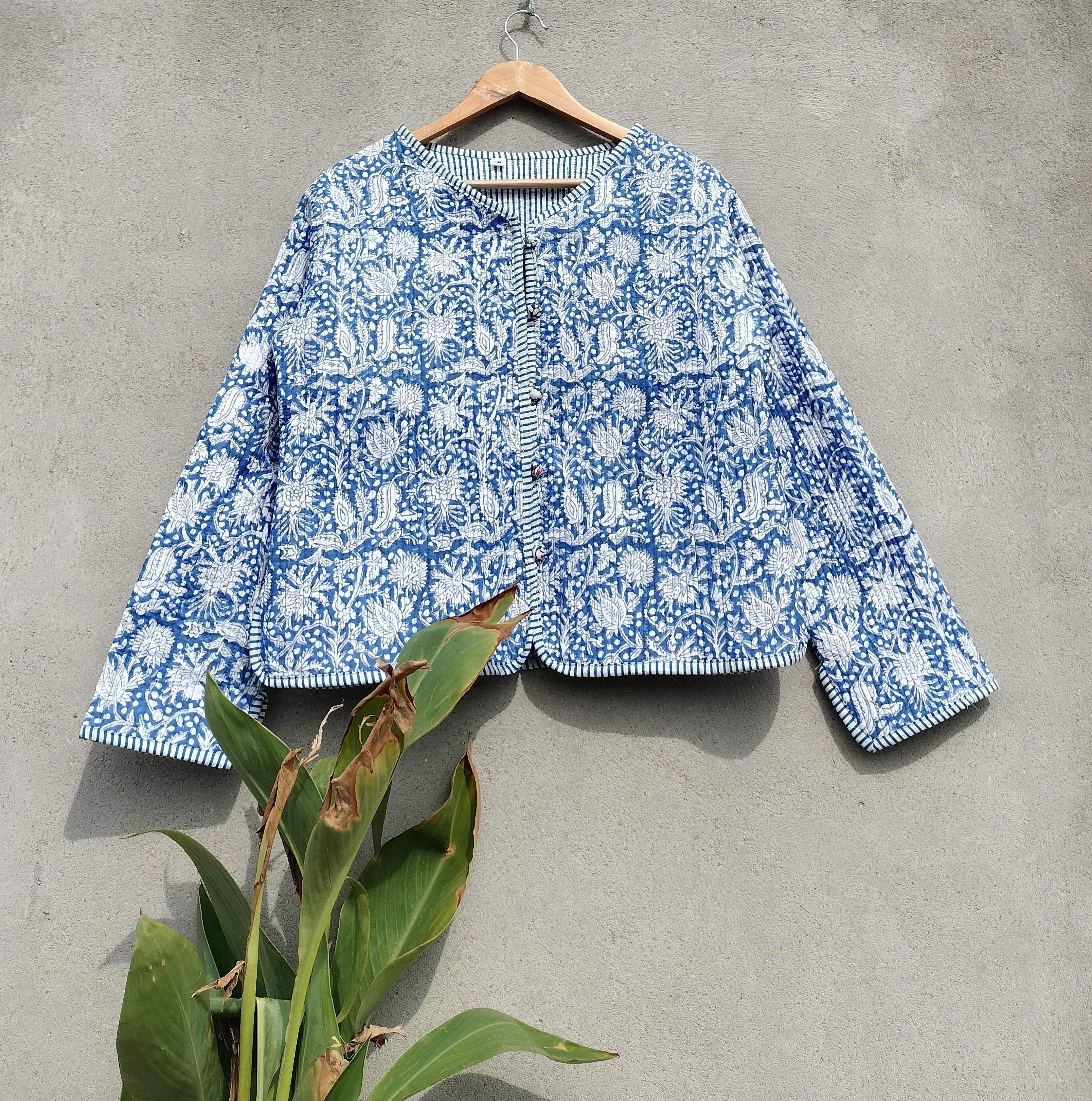 Organic Cotton Quilted Jacket: Reversible Indian Block Print Boho