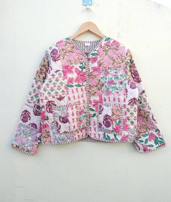 Handmade Cotton Quilted Jacket: Indian Block Print Reversible Boho