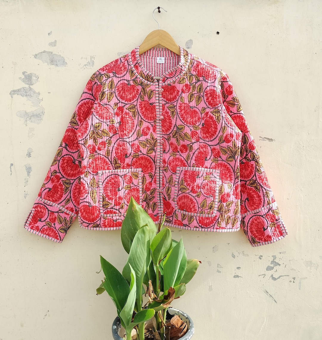 Reversible Block Print Cotton Quilted Jacket: Indigo Short