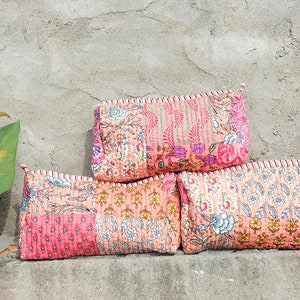 Trousse de toilette en coton Kantha Trousse patchwork Trousse à cosmétiques Cadeaux pour elle Femme Sac Mackup en coton Sac réversible pour femme