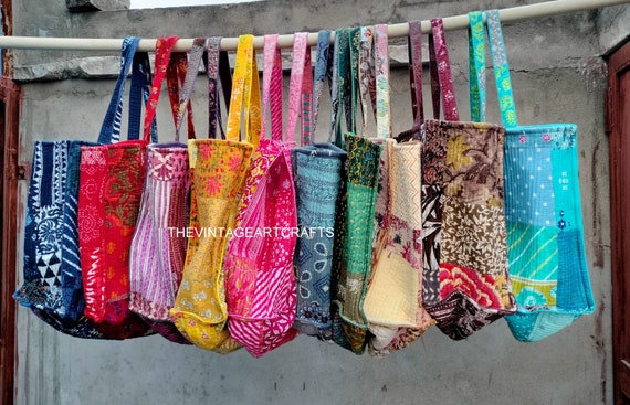 Handmade Patchwork Quilted Tote Bag: Indian Block Print Cotton Handbag