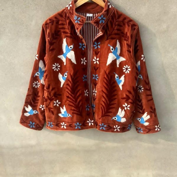 Handmade Embroidered Wool Jacket, Bird & Floral Boho Indian Folk Art Coat
