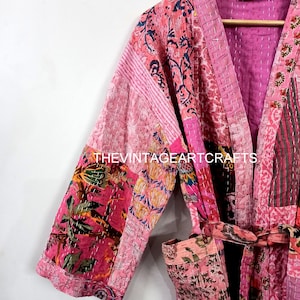 Cotton Women Wear Kantha Kimono bathrobe Fruit Print Long Indian Handmade, Kantha Jacket Night Wear Cotton bath robe Winter Wear Kimono