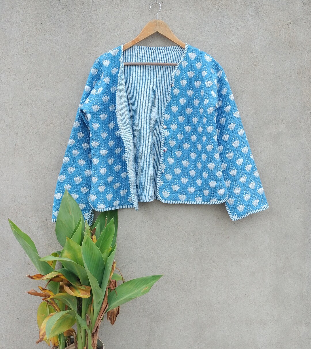 Handmade Block Print Quilted Jacket: Reversible Indian
