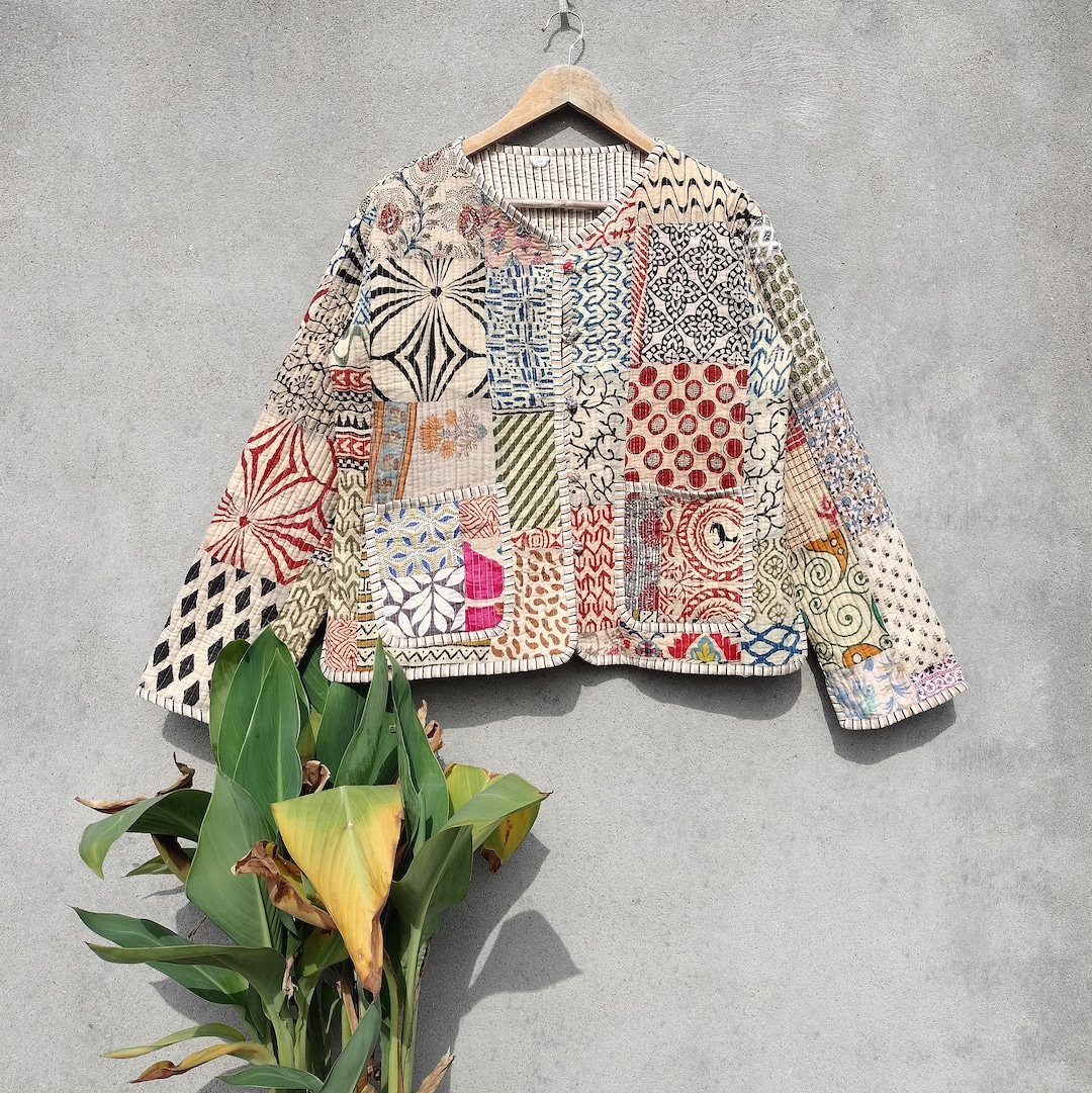 Cotton Patch Work Jacket Quilted Kantha Coat Front Pocket Cotton Patch Work Jacket Quilted Kantha Coat Front Pocket
