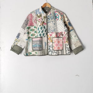 cotton quilted women wear jacket front open kimono strip piping handmade vintage cotton jacket Patchwork Quilted Jackets Cotton Floral image 4