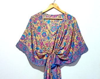 Silk Kimono Saree Fabric Sari Kaftan Night Robe Long Gown Indian Recycled Oriental Robe Bohemian Jacket Bridal Shower Dress