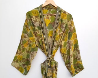 Vintage Kimono aus Seidenkrepp mit Doppeltaschen, Strand Verheimlichung, Brautrobe, Boho-Stil, Morgenmantel, Mutterschaftsrobe, Geschenk für Sie