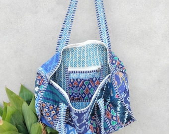 Handmade Patchwork Quilted Cotton Tote Bag: Large Reversible Travel Bag