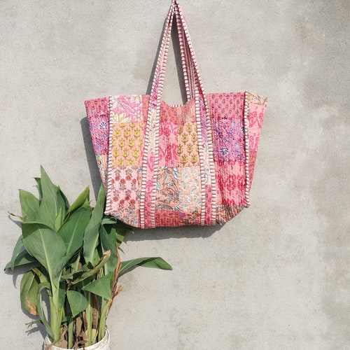 Handmade Patchwork Quilted Tote Bag: Large Cotton Market Bag