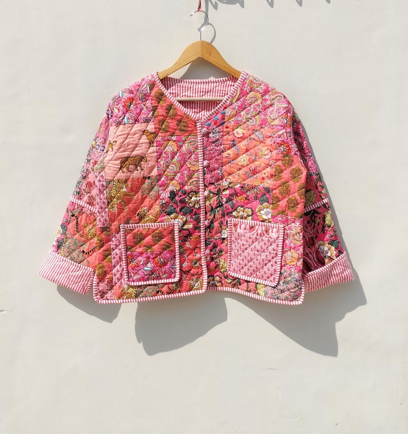 Veste kantha fabriquée à la main en coton, veste matelassée, veste matelassée vintage faite à la main, manteaux, nouveau style, arc-en-ciel vert bohème image 1