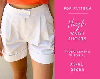 Patrón de costura en PDF para pantalones cortos plisados de cintura alta para mujer/Pantalones cortos DIY/Patrón digital/Patrón de costura imprimible