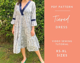 Patrón de costura en PDF para vestido escalonado con mangas de trompeta para mujer/Vestido DIY/Patrón digital/Patrón de costura imprimible