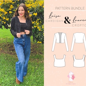 Op de afbeelding: Patroonbundel voor een cardigan en een crop top. De afbeelding toont een vrouw die de cardigan en een zwart tanktop draagt. De patroonbundel bevat een voor- en achterkant van de cardigan en de crop top.