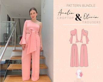 PDF Sewing Pattern Bundle High - Pantalones de cintura + Crop Top para mujeres / Pantalones de bricolaje / Patrón digital / Patrón de costura imprimible