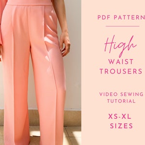 May include: PDF pattern for high waist trousers. The pattern includes sizes XS-XL and a video sewing tutorial.