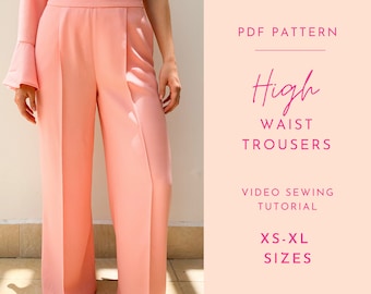 Patrón de costura en PDF para pantalones de cintura alta para mujer/Pantalones DIY/Patrón digital para pantalones/Patrón de costura imprimible