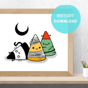 Puede incluir: Una ilustración digital de un gato negro, un maíz dulce momia y un maíz dulce zombie. El gato está acostado con los ojos cerrados. El maíz dulce está de pie. El fondo es blanco con una luna creciente negra.