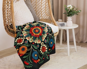 Polish Folk Art Fleece Throw Blanket – Colorful Home Decor Gift