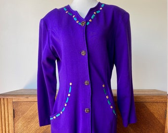 Vintage 80s 90s Donna Fay Purple Green Gold Dress Embroidered Mardi Gras Colors with Pockets Size 14