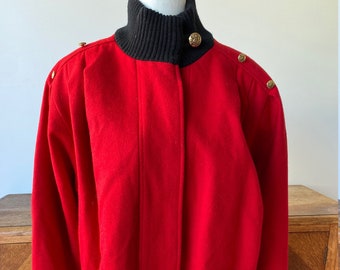 Vintage 80s 90s Herman Kay Red Wool Coat with Black Knit Trim and Ornate Gold Buttons Size M