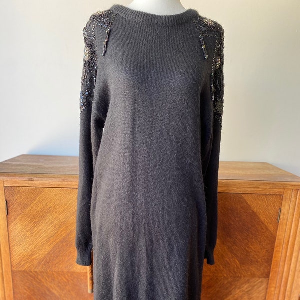 Vintage 80s Belldini Black Sweater Dress with Embroidered Beads Sequins Bedazzled Size Small