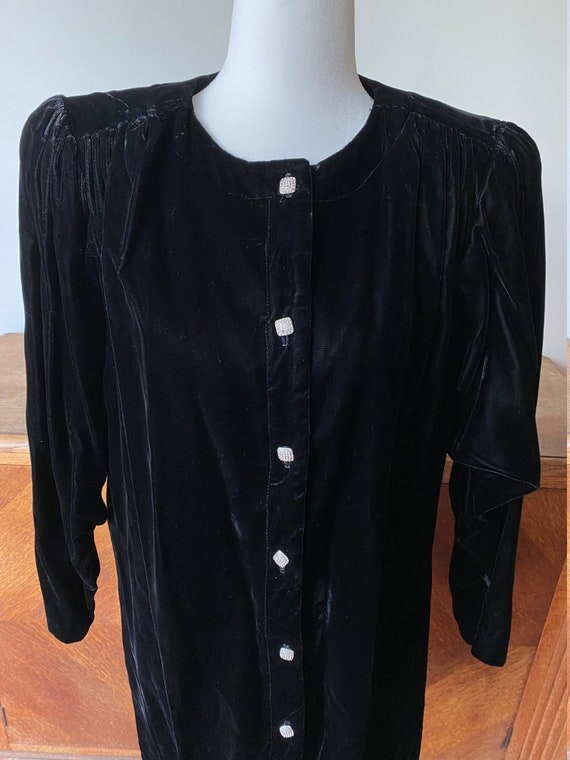 Vintage 80s Black Velvet Button Down Duster with … - image 1