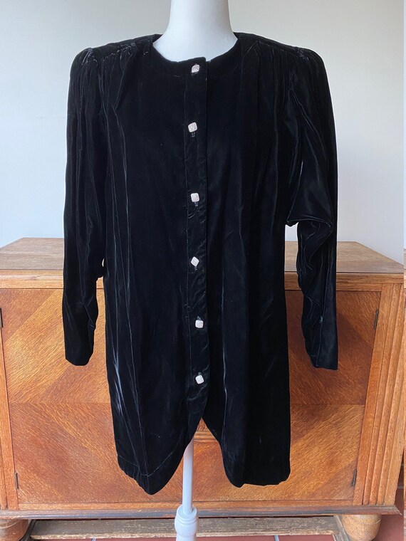 Vintage 80s Black Velvet Button Down Duster with … - image 7