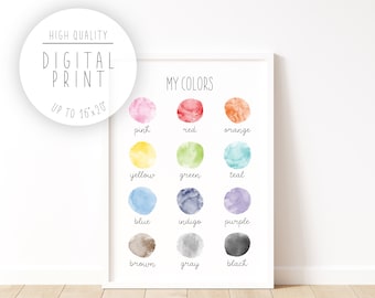 Kids Color Chart Educational Color Wheel INSTANT DOWNLOAD, Watercolor My Colors Poster, Educational Wall Art, Playroom Classroom Printable