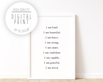 Kids Affirmations Printable INSTANT DOWNLOAD, Black and White Kids Motivational Inspirational Poster, I am Kind I am Smart Nursery Wall Art