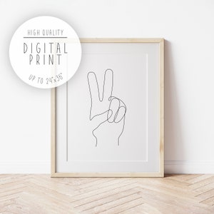 Peace Sign Hand One Line Art INSTANT DOWLOAD, Black and White Peace Sign Hand Minimalist Print, Continuous Line Peace Sign Hand Illustration