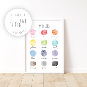 Lámina artística educativa &quot;Mis Colores&quot;: Póster con tabla de colores pintada a mano para el aula de juegos (Descarga digital)