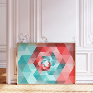 Coral & Teal Hexagonal Modern Geometric Art Print: Scandinavian Minimalist Triangular Spiral Illusion (Digital Download)