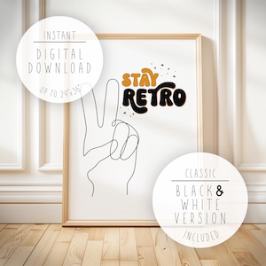 Peace Sign Hand One Line Art Print: Black & Gold &quot;Stay Retro&quot; Typography (Digital Download)