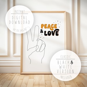 Peace Sign Hand One Line Art Print: Black Gold &quot;Peace & Love&quot; Typography (Digital Download)