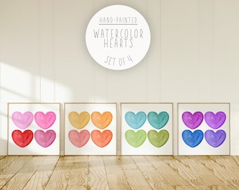 Hand-Painted Hearts Print Set of 4: Rainbow Hearts Square Gallery Wall (Digital Download)