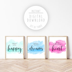 Set of 3 Girl Power Aqua Blue Pink Watercolor Posters DOWNLOAD, Tween Teen Room Decor, Motivational Inspirational Quotes Wall Art for Kids