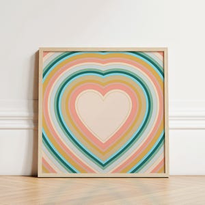 Rainbow Hearts Art Print DOWNLOAD, Retro Layered Hearts Square Wall Art, Colorful Funky 60s 70s Heart Poster, Kids Tween Teen Dorm Heart Art