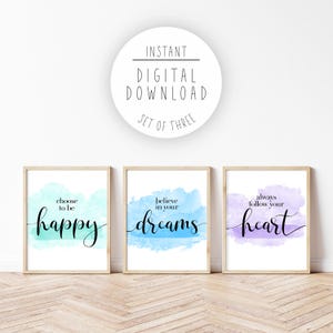 Zestaw 3 plakatów Girl Power Aqua Blue Lavender Watercolor PRINTABLE, dekoracja pokoju nastolatka, motywujące cytaty dla dzieci