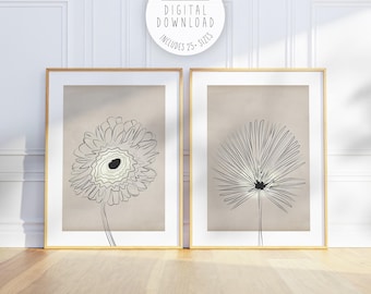 Set of 2 Botanical Line Art Prints: Neutral Minimalist Florals (Digital Download)