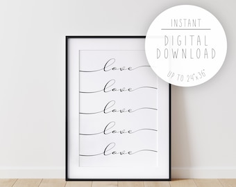 Love Calligraphy Black and White Wall Art INSTANT DOWLOAD, Gift for Her Love Sign, Love Love Love Printable Wall Decor, Valentine's Day Card