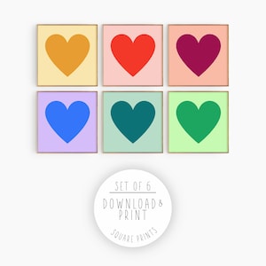 Rainbow Hearts SET OF 6 DOWNLOAD, Colorful Multicolor Heart Posters, Gallery Heart Wall Art Prints for Baby Nursery Kids Tween Teen or Dorm