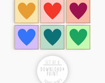 Set of 6 Hearts Square Art Prints: Colorful Rainbow Hearts Gallery Wall (Digital Download)