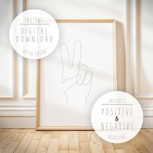 Peace Sign Hand One Line Art: Black & White Minimalist Print (Digital Download, 20+ Sizes)