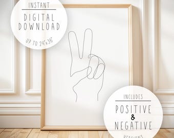 Peace Sign Hand One Line Art: Black & White Minimalist Print (Digital Download, 20+ Sizes)